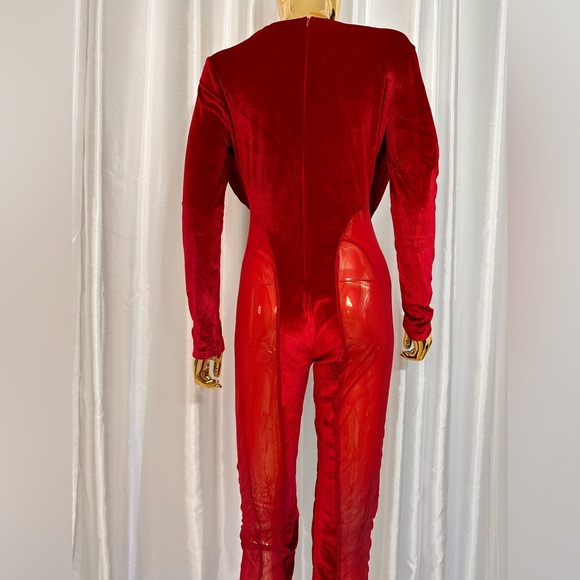 Sexy Red Velvet Sheer Catsuit (sz 10) - Picture 4 of 5